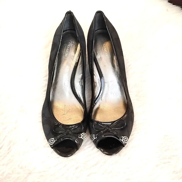 Coach Womens Size 8.5 B  Black Wedge Heel Open Toe Dress Shoes Slip On LOGO - Picture 4 of 9